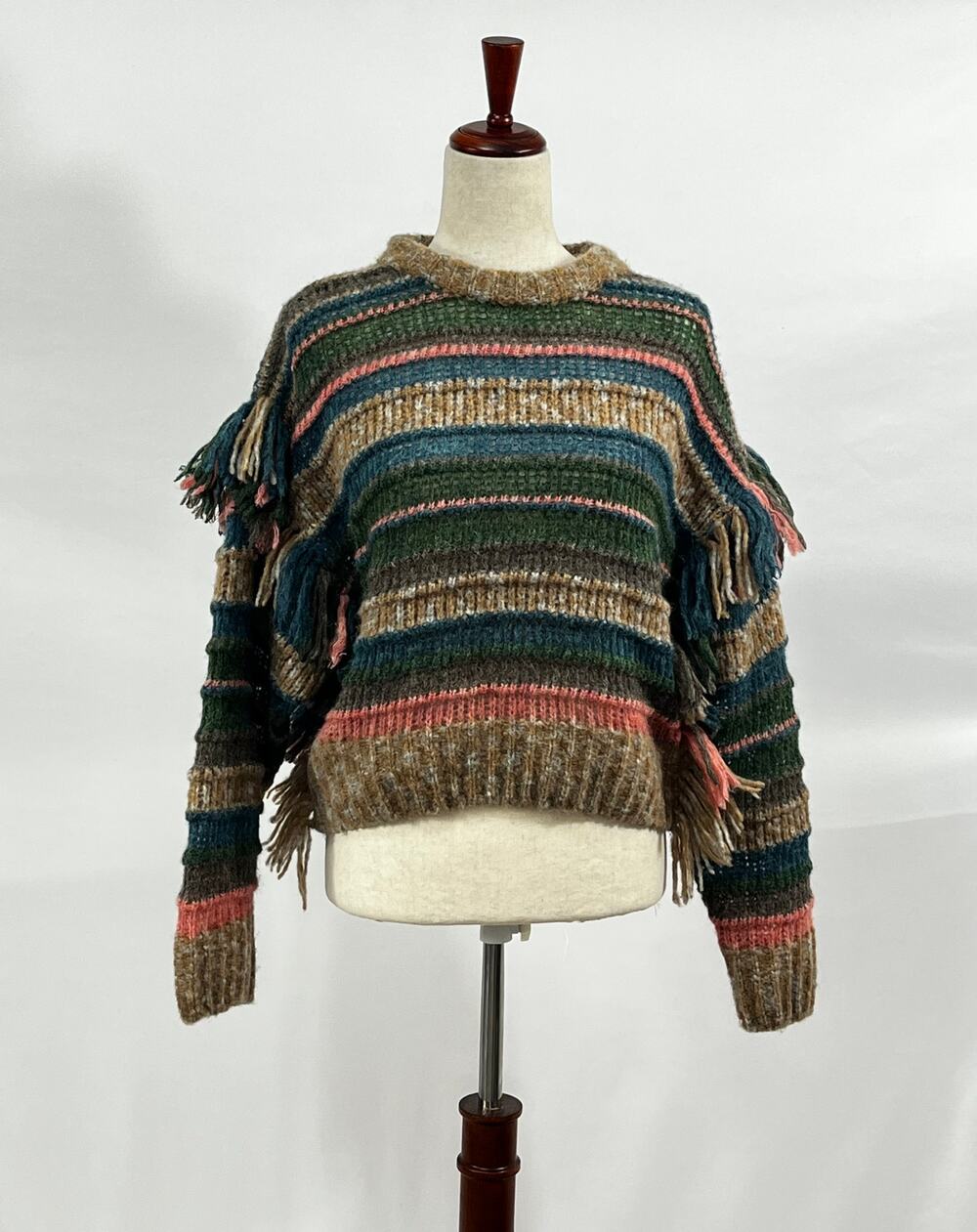 HANNAH ARTWEAR Sz 0 XS Striped Alpaca Wool Fringe Pullover Sweater